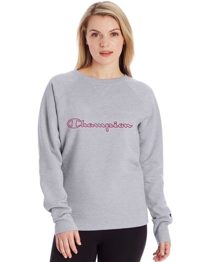 Champion Powerblend Fleece Classic Crew Script Logo Kadın Sweatshirt Gri ( QRDYGH598 )